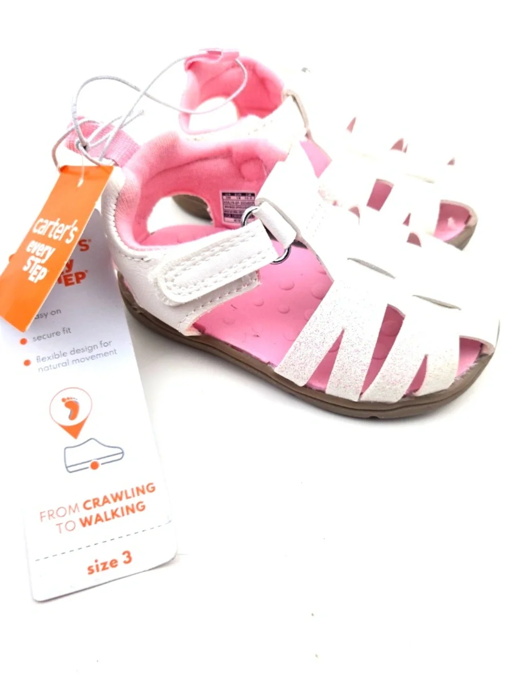 Carter's Baby Sandals Size 3 Girls Shoes White Glitter Strap Summer Footwear